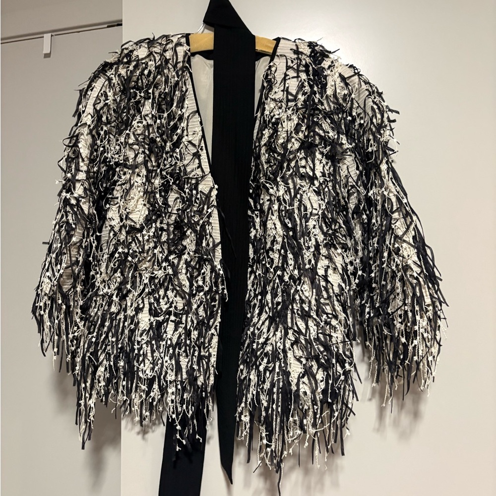 Black & White Fringe Open-Front Women's Sweater